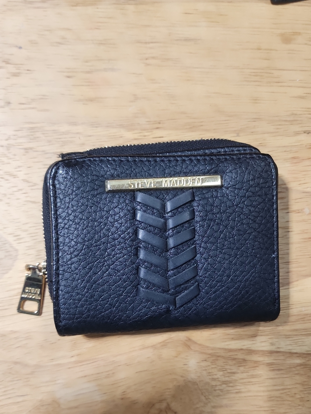 Steve Madden Black Textured Zip Card Case with Gold Accent